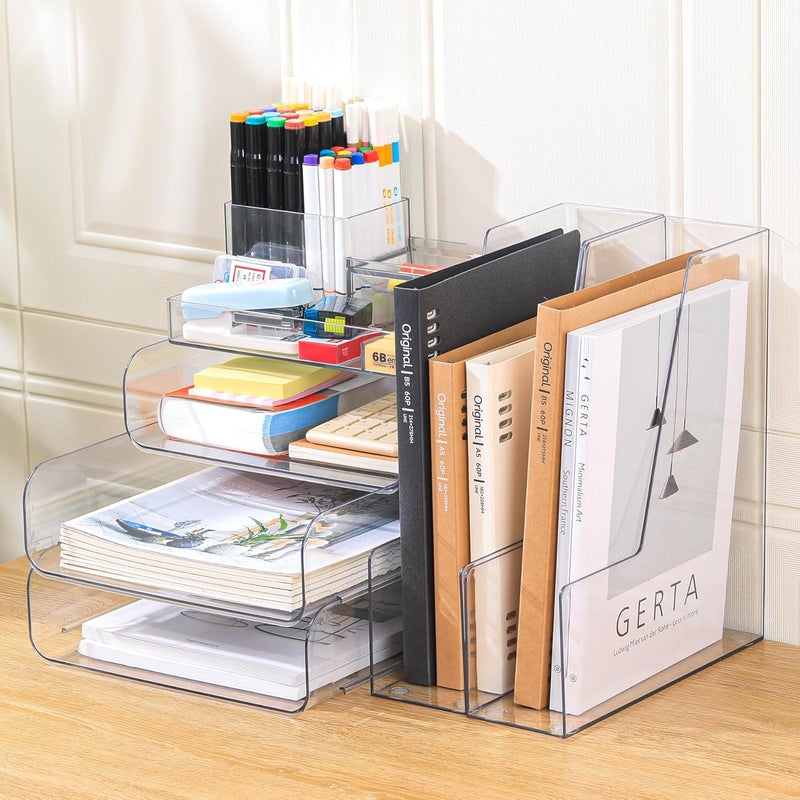 CiWiVOKi Desk Organizer with 2 Vertical File Holder, 4 Tier Stackable Paper Letter Tray File Organizer with 5-Compartments Pen Holder, Clear Desktop Organizer Office Organization and Storage - Image 1